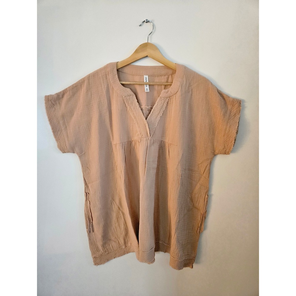 Zenana Gauze Tunic Women Medium Clay Excellent Raw Edge V-Neck Short Sleeve Top